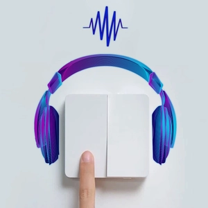 Luminous headset switch sticker on a white minimalist wall panel with matte finish