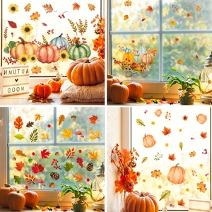 Aquarell Herbst Kürbis Ahornblatt Sonnenblume Statische Fensterbilder PVC Erntedankfest Halloween Dekoration Glasaufkleber Für Wohnzimmer Schlafzimmer