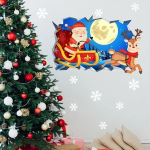 Stickers Muraux 3D Noël Père Noël Renne Effet Mur Brisé PVC Décalcomanies Pour Salon Chambre Décoration Maison