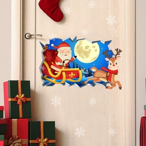 Sticker mural 3D Père Noël et traîneau de rennes avec effet mur brisé pour la maison