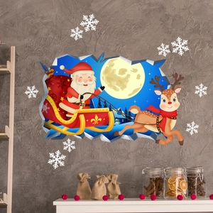 Sticker mural 3D Père Noël sur son traîneau et rennes avec effet de rupture dans le mur
