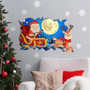 Sticker mural 3D Père Noël et renne pour décoration de maison de Noël