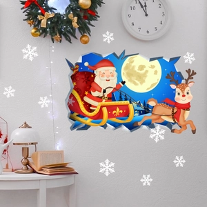 Détail du sticker mural 3D Père Noël et rennes avec effet mur brisé et flocons de neige