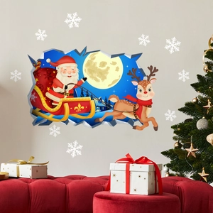Sticker mural 3D Père Noël et traîneau de rennes avec flocons pour décor de Noël