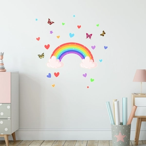 Stickers muraux arc-en-ciel et papillons pour chambre d'enfant avec cœurs et étoiles