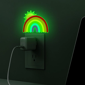 Glow-in-the-dark rainbow and sun light plug-in wall decor on dark green background