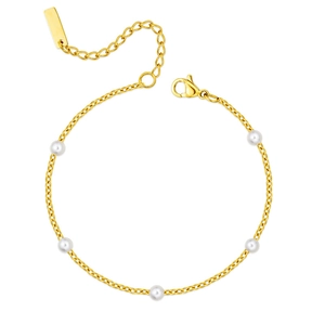 Minimalist gold stainless steel link bracelet with five white pearls and lobster clasp