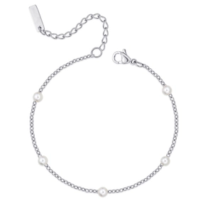Elegant stainless steel chain bracelet with five white pearls and adjustable lobster clasp