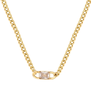 Gold plated stainless steel necklace featuring a rectangular zircon on a flat Cuban chain