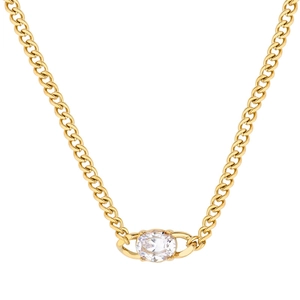 Gold-plated stainless steel Cuban link necklace with an oval cubic zirconia centerpiece