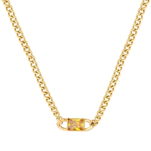 Gold plated stainless steel necklace with rectangular yellow zircon pendant on white background