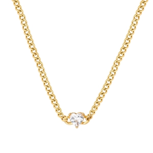 Detail of gold plated stainless steel necklace featuring a claw-set heart zircon pendant