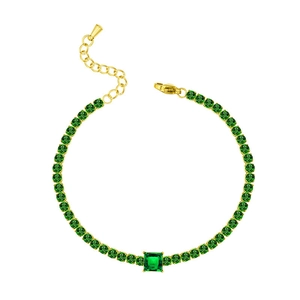 Elegant gold-plated stainless steel tennis bracelet with square and round green zircons