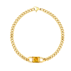 Gold plated stainless steel Cuban chain bracelet with rectangular yellow zircon stone