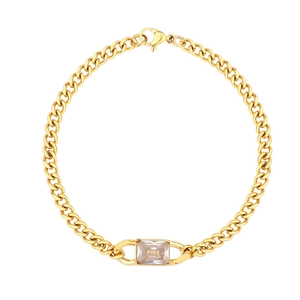 Detail of gold-plated stainless steel chain with a rectangular zircon stone pendant