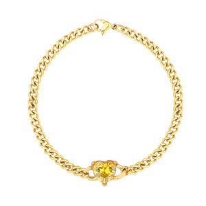 Gold plated stainless steel curb chain bracelet with heart yellow crystal pendant