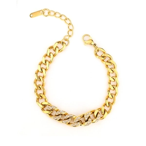Elegant gold plated stainless steel Cuban bracelet with sparkling zircon stones