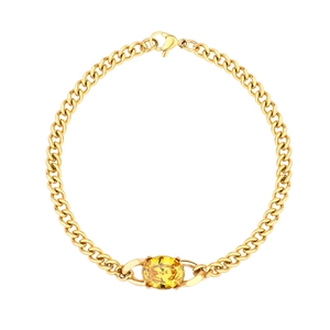 Gold plated stainless steel Cuban link bracelet featuring a large oval yellow zircon stone