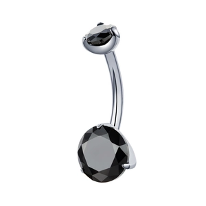 Titanium navel piercing with black round zircon and classic three-prong setting