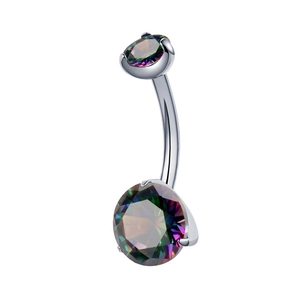 Detail of three-prong set purple iridescent cubic zirconia on a curved titanium navel ring