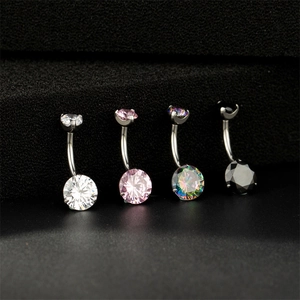 Titanium navel rings set with round cubic zirconia in four vibrant colors on black background