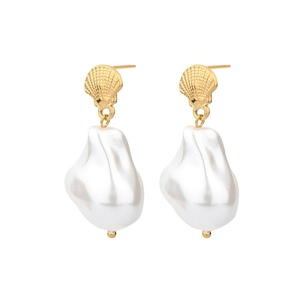 Elegant gold shell earrings with white baroque pearls shown on a clean white background