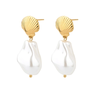 Elegant shell-shaped gold earrings featuring large baroque pearls on a white background