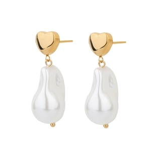 Golden heart stud earrings with baroque pearl pendants shown on a white background