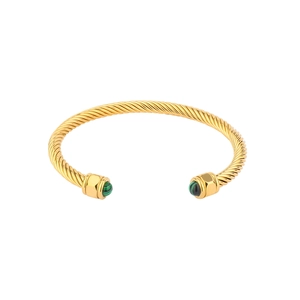 18k gold plated cable cuff bracelet with green malachite stones on a white background