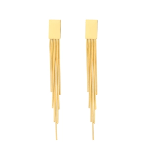 Macro view of 18k gold plated long tassel earrings with sleek rectangular top
