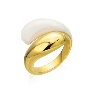 Minimalist gold stainless steel open ring with white teardrop resin inlay on white backdrop