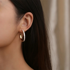 Stainless Steel Hoop Earrings Gold Plated C-Shaped White Enamel Retro Minimalist Geometric Jewelry For Women