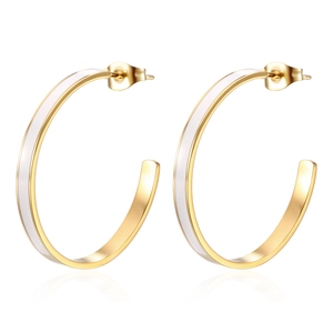 Minimalist C-shaped gold hoop earrings with white enamel finish and butterfly backs