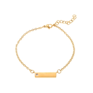Bracciale a catena dorata in acciaio inox con barra rettangolare e piccolo cristallo lucido