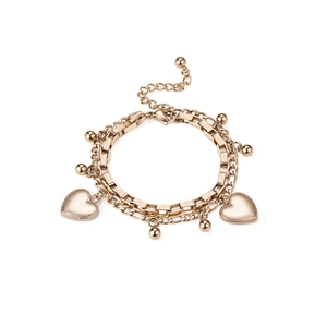 Bracelet double rang en or rose avec breloques cœur et perles en acier titane
