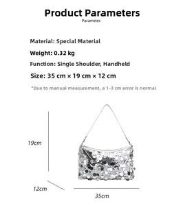 Detailed size chart showing silver sequin handbag dimensions 35cm x 19cm x 12cm