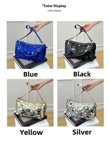 Detailed view of sequined handbags in blue, black, gold and silver color options