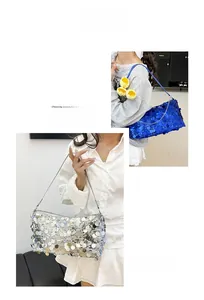 Detail of royal blue and silver sequin shoulder bag with metallic reflective texture