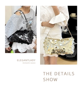Detail of sequin shoulder bag with metallic chain straps in black and silver colors