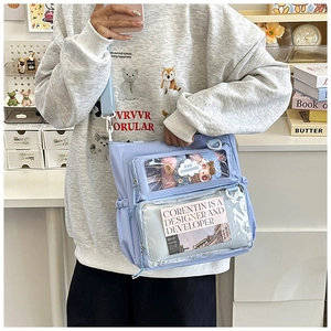 Close-up of light blue ita bag with transparent PVC pocket for displaying anime accessories