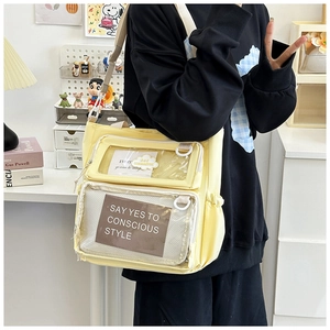 Detail of light yellow canvas tote bag with transparent pockets and adjustable strap