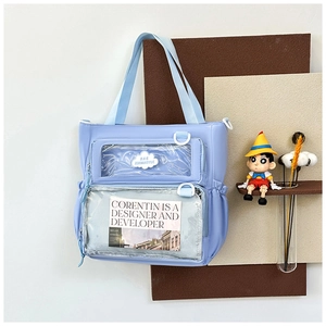 Detail of light blue tote bag featuring transparent front pockets and cloud logo