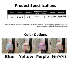 Mini backpack set in blue, yellow, purple, and green colors with product dimensions