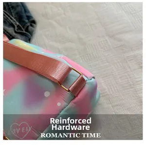 Detail of gradient backpack showing reinforced gold hardware and pink fabric strap