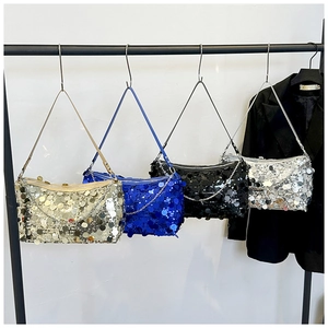 Sequin baguette shoulder bags in gold, blue, black and silver with metallic chains