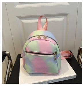 Detail of macaron gradient mini backpack with floral gold zipper and tie-dye texture