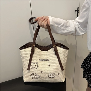 Sac Fourre Tout Tissé pour Femmes Broderie Chat de Dessin Animé Sac de Plage en Paille Grande Capacité Sac à Bandoulière Décontracté