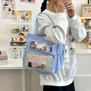 Light blue Japanese style ita bag with dual transparent windows for anime pins display