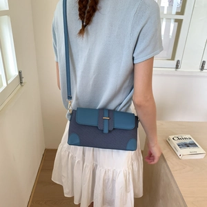 Morandi blue baguette bag in leather and woven fabric shown on model shoulder