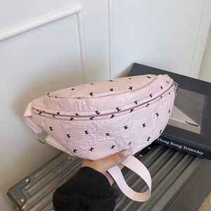 Light pink pleated waist bag with black letter print and adjustable shoulder strap